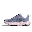 A side view of the Hoka Womens Anacapa 2 Low GORE-TEX Hiking Shoe shows a mauve mesh upper, matching laces, textured overlays, a pull tab at the heel, thick pale pink sole, and durable black outsole.