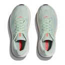 Top view of a pair of light green Hoka Womens Clifton 10 Wide Running Shoes with white soles, mint green laces, and red HOKA branding on the tongue, placed side by side on a white background.