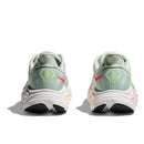 The Hoka Womens Clifton 10 Wide Running Shoe in light green is shown from the back, with white soles, neon yellow accents, and small red heel details.