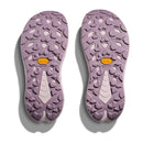 A pair of Hoka Womens Infini Hike TC Trail Sandal soles in lavender with rugged treads and yellow Vibram branding at the center, shown on a white background with visible shadows.