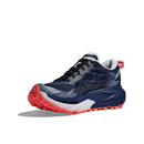The Hoka Womens Mafate 5 Trail Running Shoe features a navy blue design with white and gray accents, black laces, and a thick sole with bright red tread. The shoe is shown at an angle to highlight the front and side.