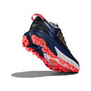 A Womens Mafate 5 Trail Running Shoe by Hoka in navy blue and white, featuring red and orange tread. Shown from the side and bottom on a white background with the Hoka logo visible.