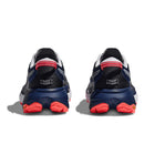Rear view of a pair of Hoka Womens Mafate 5 Trail Running Shoes in dark blue and black with white and red accents, showcasing mesh uppers and textured soles, side by side on a white background.