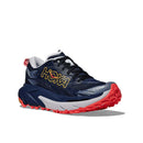 The Hoka Womens Mafate 5 Trail Running Shoe features a dark blue upper, chunky white and red sole, yellow Hoka branding on the side, and red tread—highlighting classic Hoka innovation. The shoe is angled right on a white background.
