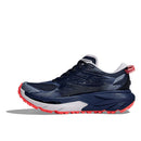 The Hoka Womens Mafate 5 Trail Running Shoe features a dark blue upper, white midsole, red outsole, and red heel pull tab, shown from the side against a white background.
