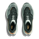 Top view of a pair of Hoka Mens Speedgoat 7 Trail Running Shoes in gray and black with orange accents and white soles, featuring the HOKA logo on the tongue and sides, set against a white background.
