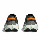Rear view of a pair of Hoka Mens Speedgoat 7 Trail Running Shoes with black, gray, and orange accents, white soles, and a geometric heel logo, shown side by side on a clean white background.