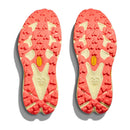 The Womens Speedgoat 7 Trail Running Shoe by Hoka features bright orange and yellow soles with playful, heart-shaped treads and the yellow Vibram logo on each sole, creating a unique and eye-catching design.