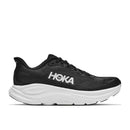 A black Hoka Mens Clifton 11 Running Shoe with a white sole and bold HOKA lettering in white on the side is displayed in profile against a plain white background. Engineered for comfort and support, these cushioned running shoes are an excellent choice for daily training.