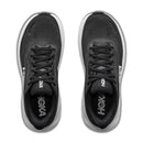 A top view of a pair of black Hoka Mens Clifton 11 Running Shoes with white soles and white Hoka logos on the tongues and sides, displayed on a white background. Ideal for daily training, the Clifton 11 combines comfort and performance in a sleek design.
