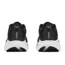 A pair of Hoka Mens Clifton 11 Running Shoes in black and white, shown from the back with CLIFTON 11 printed on each heel and a small white chevron above the text—an ideal choice for your everyday training sessions.