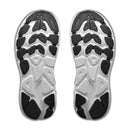 A pair of sneaker soles, shown from below, featuring a white base with black rubber traction patterns distributed across the surface. The design appears modern and supportive, embodying the advanced engineering typical of the Hoka Mens Clifton 11 Running Shoe—making them an excellent choice for a reliable daily trainer.