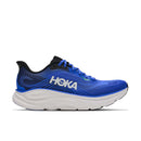 A Mens Clifton 11 Running Shoe by Hoka in blue, featuring black and white accents, a white sole, and the Hoka logo on the side. This premium cushioned daily trainer offers a breathable mesh upper and a supportive cushioned midsole for all-day comfort.