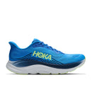 The Hoka Mens Clifton 11 Running Shoe is shown on a white background, featuring a blue mesh upper with dark blue accents, a neon yellow logo, and a thick cushioned sole in white and light green.