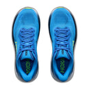 A pair of Hoka Mens Clifton 11 Running Shoes in blue, seen from above, featuring breathable mesh uppers, green Hoka branding on the insoles, and black soles—ideal for everyday training.