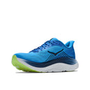 Displayed on a white background is the Hoka Mens Clifton 11 Running Shoe in blue, featuring a low-cut design, thick white and green sole, and black accent lines. Ideal as cushioned running shoes for your daily training needs.