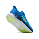 A Mens Clifton 11 Running Shoe by Hoka in blue, featuring neon yellow accents and a thick white cushioned sole, is displayed at an upward angle to showcase its plush sole and side Hoka branding against a white background—an ideal daily trainer for runners seeking exceptional cushioning.
