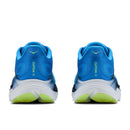 Two blue Hoka Mens Clifton 11 Running Shoes are shown from the back, displaying “Clifton 11” on the heels. Designed as cushioned running shoes ideal for daily training, they feature white soles with yellow-green sections on the bottoms.