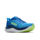 The Hoka Mens Clifton 11 Running Shoe, shown in vibrant blue with lime green logo detailing and accents, features a thick white sole complemented by a neon green tread. Photographed against a white background, this daily trainer highlights Hokas signature cushioned running shoe technology for outstanding comfort and support.
