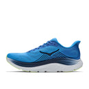 A blue Hoka Mens Clifton 11 Running Shoe with black accents, a white sole, and a lime green outsole grip is displayed in profile against a white background. Designed as an ideal daily trainer, this cushioned running shoe delivers comfort and support for everyday performance.