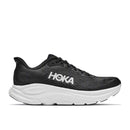 The Hoka Womens Clifton 11 Running Shoe is a black athletic sneaker with a thick white sole and bold white HOKA branding on the side. Crafted with a breathable mesh upper and low-profile design, this comfortable cushioned shoe is ideal for daily training and all-day wear.
