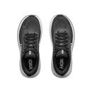 Top view of a pair of Hoka Womens Clifton 11 Running Shoes in black with white soles on a white background, featuring visible laces and the Hoka logo inside each shoe—perfect for your everyday training needs.