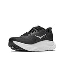A front left view of the Hoka Womens Clifton 11 Running Shoe in black, featuring a white sole and white logo, displayed on a plain white background—this daily trainer is designed for comfort inspired by cushioned running shoes.