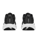 A pair of black Hoka Womens Clifton 11 Running Shoes shown from the back, featuring white soles and Clifton 11 text on each heel—ideal as your everyday running trainer.