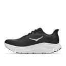 Black Hoka Women’s Clifton 11 Running Shoe featuring a white sole and white logo, displayed in a side profile view against a plain white background. This stylish design is an excellent choice for a daily trainer, delivering the plush comfort you expect from cushioned running shoes like the Womens Clifton 11 by Hoka.