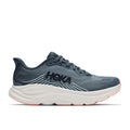 The Hoka Womens Clifton 11 Running Shoe, shown in profile facing right, features a blue upper with a thick white cushioned sole and light orange accents on the outsole—ideal for your next daily trainer.