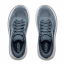 Top view of a pair of Hoka Womens Clifton 11 Running Shoes in blue with white soles, laced up and positioned side by side on a white background—perfect for your everyday training needs.