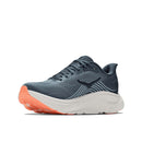 The Hoka Womens Clifton 11 Running Shoe, featuring a blue upper accented with white wave designs, a robust white midsole, and an orange textured outsole, is shown on a white background—making it an ideal choice for runners who want a cushioned daily trainer.