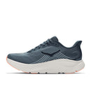 A blue Hoka Womens Clifton 11 Running Shoe, designed for daily training, features white accents, a plush white cushioned sole for maximum comfort, and a subtle wavy side design, displayed in a side profile on a white background.