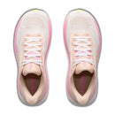 A pair of Hoka Womens Clifton 11 running shoes in light pink, featuring cushioned soles, mesh uppers, white laces, and accents of neon yellow and bright pink—shown from above on a white background—ideal for everyday training.