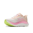 A cushioned running shoe inspired by the comfort and style of the Hoka Womens Clifton 11, this daily trainer features pastel pink and beige uppers, a white sole, and neon green accents on the outsole. It is shown from a side view against a white background.