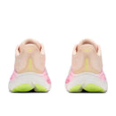 A pair of Hoka Womens Clifton 11 Running Shoes in pastel pink and white, seen from the back with light yellow and green accents on the heels and soles, perfect as a stylish daily trainer.