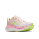 Introducing the Hoka Womens Clifton 11 Running Shoe—this pastel-colored daily trainer features a pink midsole, light green outsole accents, and a light yellow Hoka logo on the side. Set against a white background, its the perfect combination of comfort and style for your everyday runs.