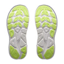 Two white outsoles with lime green textured tread patterns are displayed side by side, highlighting the sole design and material contrast—ideal for cushioned running shoes such as the Hoka Womens Clifton 11 Running Shoe.