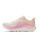 The Hoka Womens Clifton 11 Running Shoe is shown from the side on a white background, featuring a light pink and white mesh upper, a gradient pink midsole, and yellow-green accents on the sole. Ideal for those seeking cushioned running shoes that deliver both comfort and style.