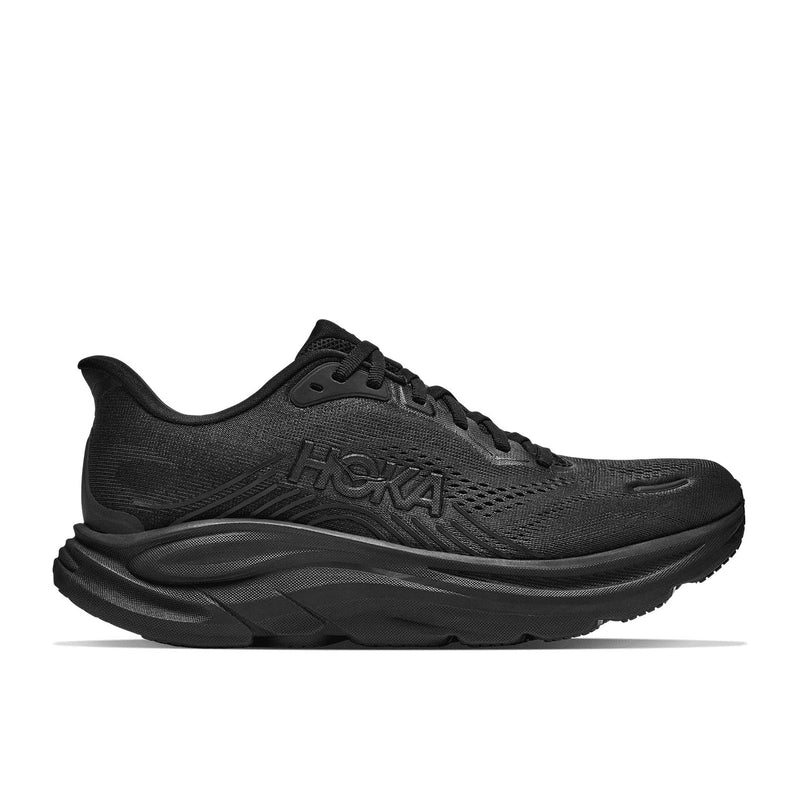 A side profile view of the Mens Clifton 11 Wide Running Shoe by Hoka in black, featuring a thick cushioned sole and an engineered mesh upper, displayed on a white background.