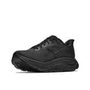The Hoka Mens Clifton 11 Wide Running Shoe is featured at an angle against a white background, showcasing its black engineered mesh upper for enhanced breathability, thick textured sole, and plush cushioning.
