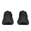 Rear view of a pair of all-black Hoka Mens Clifton 11 Wide Running Shoes placed side by side on a white background, showcasing the heel and sole details. The word Clifton appears on the heel of each shoe, emphasizing their engineered mesh upper designed for enhanced comfort and breathability.