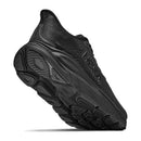 The Hoka Womens Clifton 11 Wide Running Shoe is pictured angled upward, emphasizing its textured outsole and cushioned heel. Designed for optimal comfort and support, this running shoe features a sleek, low-profile silhouette with subtle Hoka branding on the side and a mesh-inspired upper for breathable wear—ideal for those seeking stylish yet cushioned women’s running shoes.