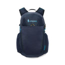A Cotopaxi Elqui 18L Backpack in dark blue, featuring a light blue logo and accents, front pocket, side pockets, and a top handle, is photographed against a white background. Made from recycled nylon, this backpack is perfectly designed as an ideal hiking daypack for your next outdoor adventure.