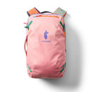 A Cotopaxi Allpa 28L Travel Pack - Del Día, featuring a unique blend of pink fabric accented by a purple llama logo, orange and mint green straps, and blue zipper pulls, is displayed on a white background—perfect as an eco-friendly travel backpack for any adventure.