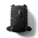 A Cotopaxi Allpa 35L Travel Pack - Del Día Dark, featuring a sustainable design, adjustable black straps, teal and red accents, and the iconic llama logo, is photographed against a white background—an ideal backpack for modern adventurers.