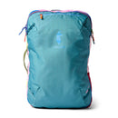 The Cotopaxi Allpa 42L Travel Pack – Del Día stands upright against a white background, featuring vibrant zippers and side panels, a llama logo on the front, and a suitcase-style opening—an eco-friendly adventure pack uniquely designed for travel.
