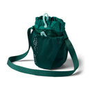 Green water bottle sling bag with mesh side and shoulder strap on a white background