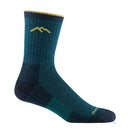 A single teal Darn Tough Mens Hiker Micro Crew Midweight Hiking Sock features a dark blue heel and toe, yellow cuff and toe accents, plus a yellow mountain logo—engineered for blister-free hiking comfort.