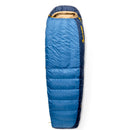 A Sea to Summit Circuit Down Sleeping Bag (-1°C) in blue, featuring a beige interior, yellow zipper, and yellow logo, is laid flat on a white background.